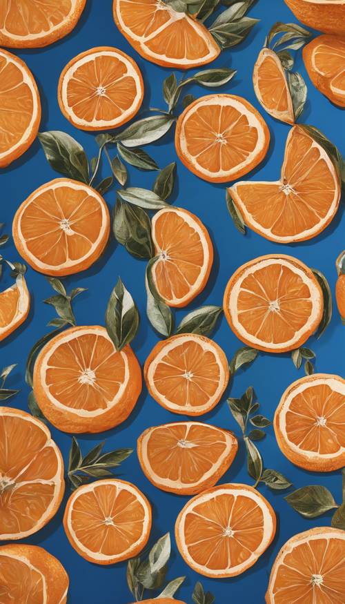 An artistic pattern of arabesque oranges on a blue background. Tapet [80d909b383784c808067]