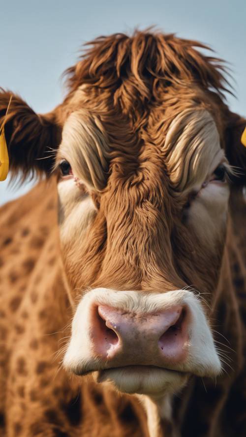 A close-up image of the unique print of a furry brown cow while it's calmly looking at the camera
