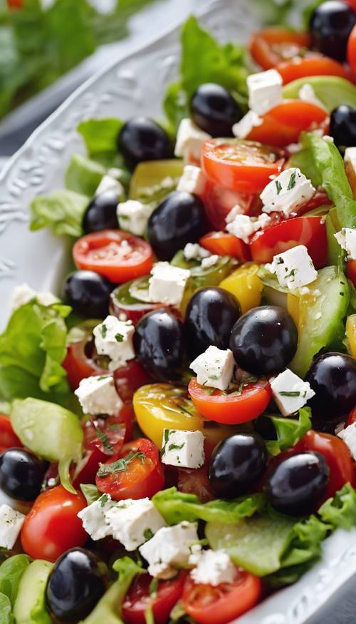 A close-up of a Greek salad with fresh feta cheese, juicy tomatoes, and ripe olives drizzled with olive oil.