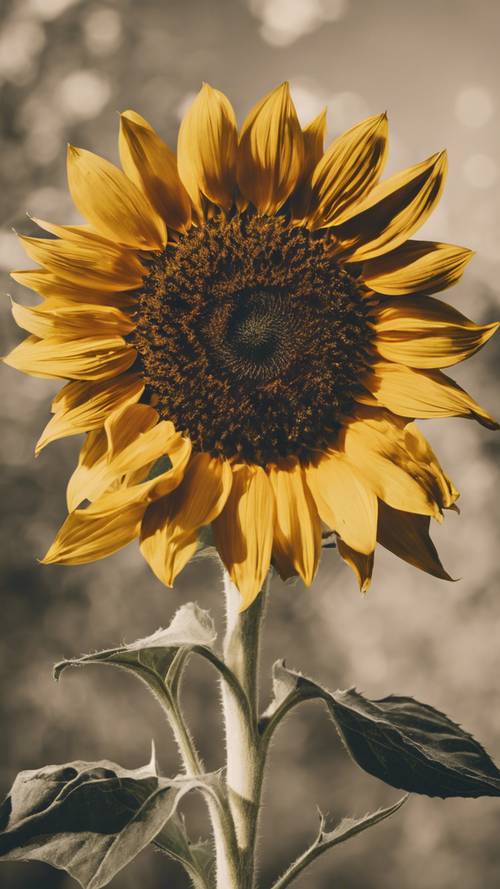 Bunga matahari bergaya retro dengan kelopak kuning tebal dan bagian tengah berwarna coklat tua.