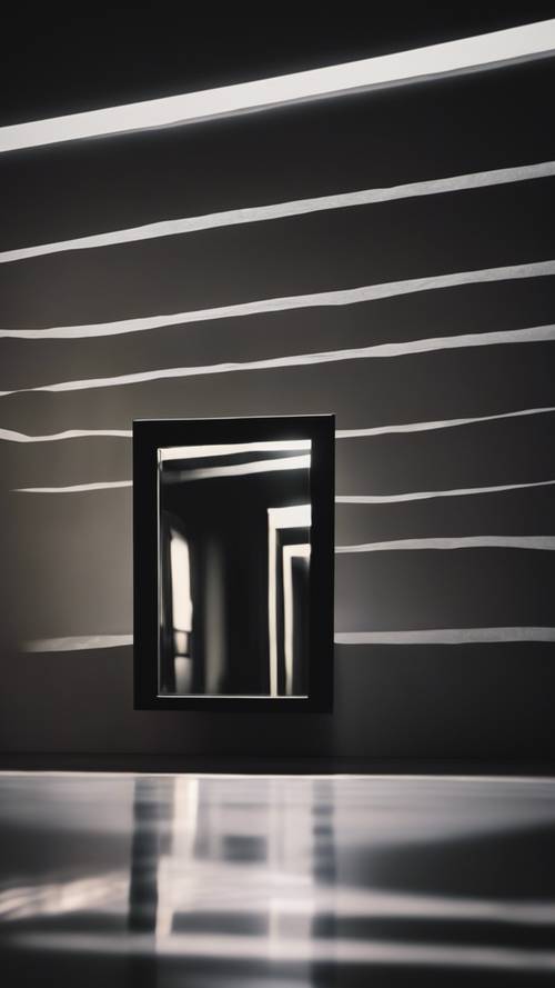 A minimalistic scene featuring a mirror with a black frame reflecting only darkness.