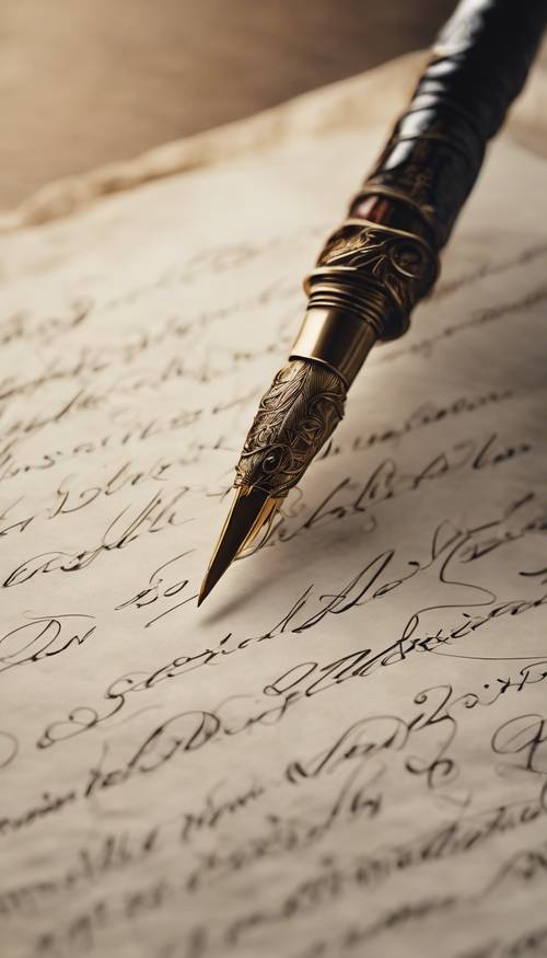 Pena bulu ayam bertumpu pada selembar perkamen dengan puisi tulisan tangan yang indah.