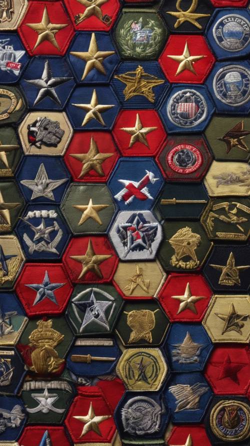 Repeating pattern of patches from different military uniforms.