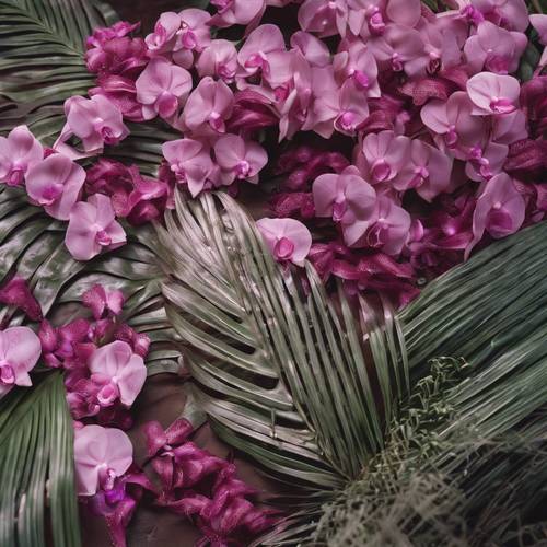 Uma vista aérea de uma folha de palmeira rosa, cercada por orquídeas e samambaias.