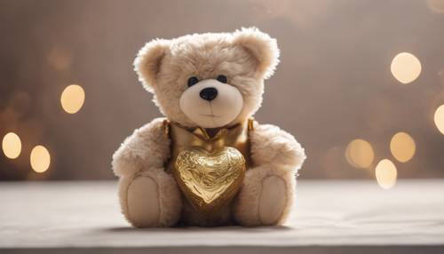 Boneka beruang krem ​​lembut dengan hati emas berkilau di dadanya.