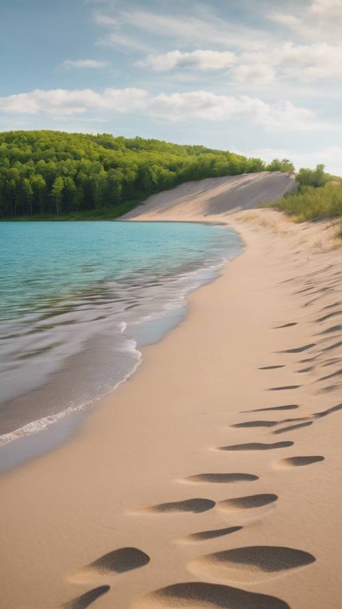 Sleeping Bear Dunes National Lakeshore nel Michigan, con dune di sabbia che si innalzano sullo sfondo di foreste verdeggianti e acque azzurre.