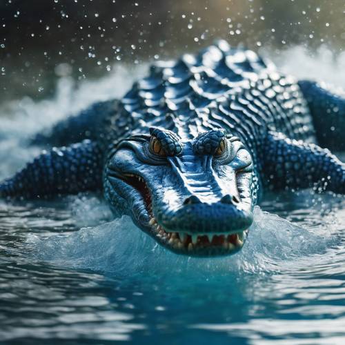 A blue crocodile with its powerful tail creating splashes in the water during an energetic swim. Tapet [3f97ae4cef59439399a2]