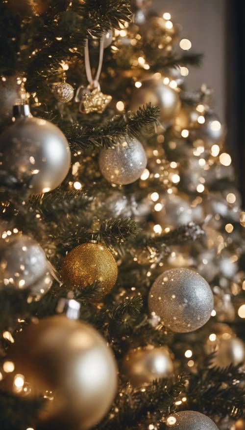 부드러운 조명 아래 금색과 은색 장식품으로 아름답게 장식된 우아한 크리스마스 트리입니다.