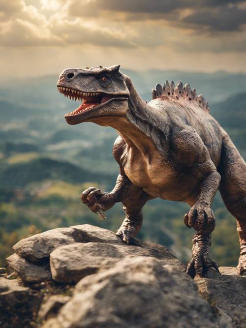 A Pachycephalosaurus striking a superhero pose on top of a high hill overseeing the valley.