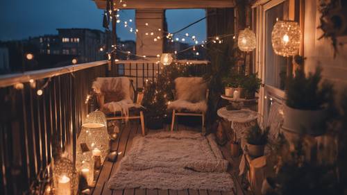 El balcón de un apartamento bohemio adornado con luces navideñas parpadeantes y faroles antiguos.