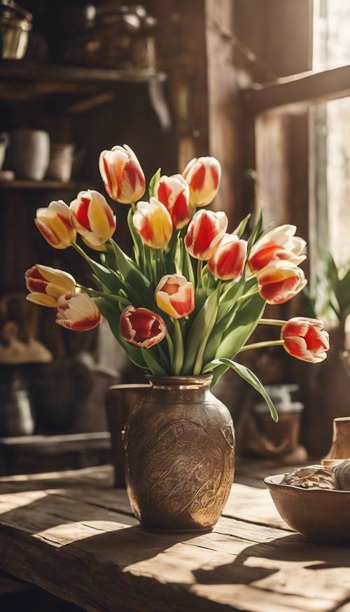 Una cucina boho illuminata dal sole, con tulipani freschi in un vaso vintage su un tavolo di legno rustico.