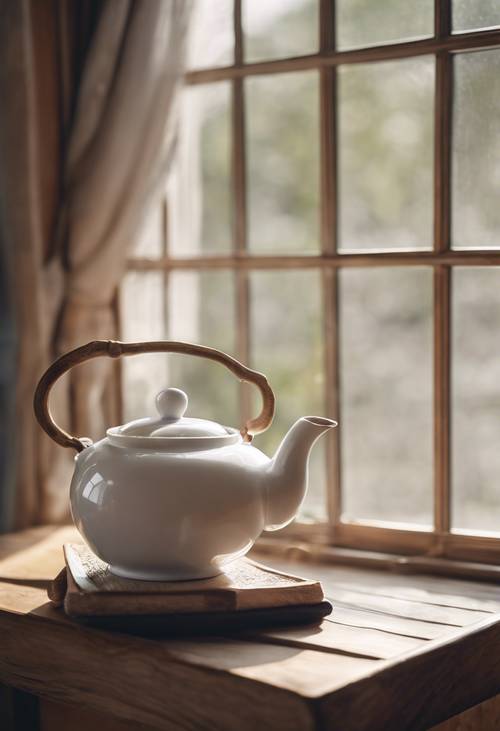 An elegant teapot on a simple wooden table, set against an open window welcoming the spring breeze.