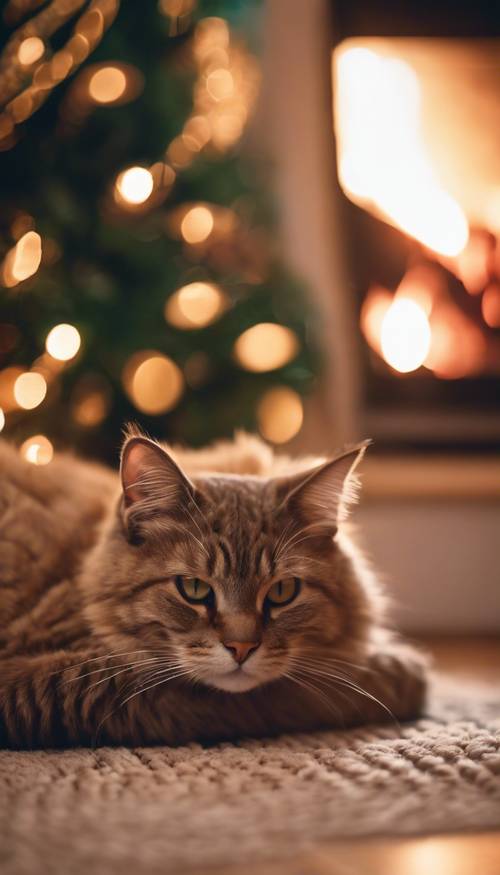 Una acogedora escena interior: un gato acurrucado en una alfombra junto a la chimenea y luces del árbol de Navidad titilando cerca.