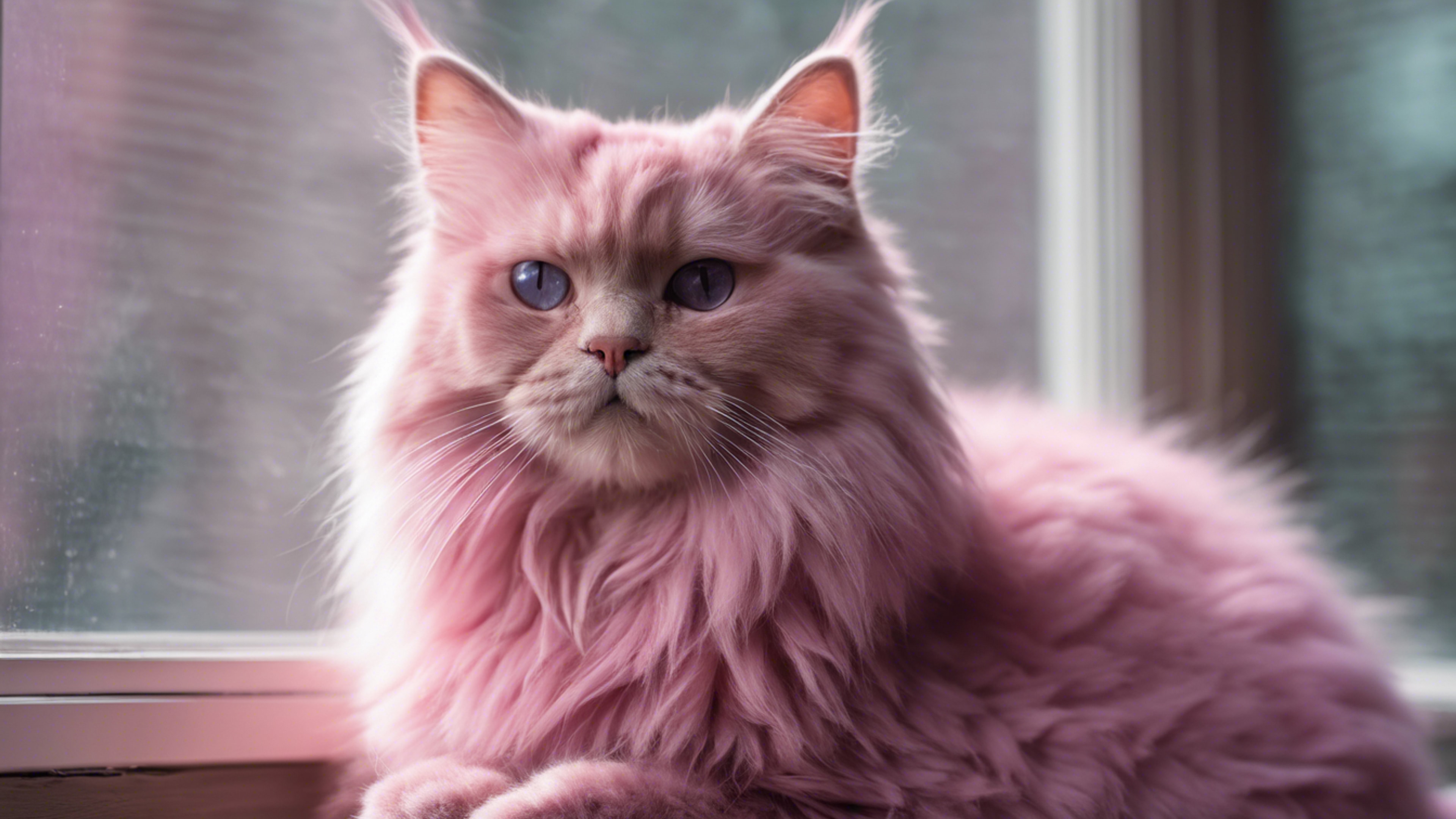 A fluffy pink cat with piercing purple eyes sitting on a windowsill. Wallpaper[7ff128f0be8e44d39fd4]