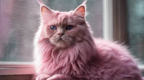 날카로운 보라색 눈을 가진 푹신한 분홍색 고양이가 창턱에 앉아 있습니다.