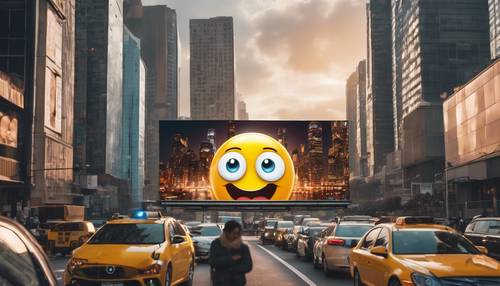 Emoji yang mengekspresikan rasa kagum, dengan mata terbuka lebar dan rahang ternganga, ditampilkan pada papan reklame besar di tengah hiruk pikuk lanskap kota modern.