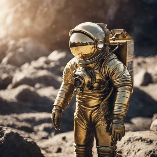 A 1920's astronaut in a brass diving suit exploring an asteroid surface.