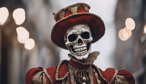 一具穿着小丑服装的笑着的骷髅。