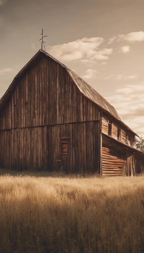 An old barn made of light brown wood in a quiet countryside.