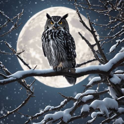 An owl silhouetted against a full moon, on a snow-laden branch overlooking a tranquil winter night.