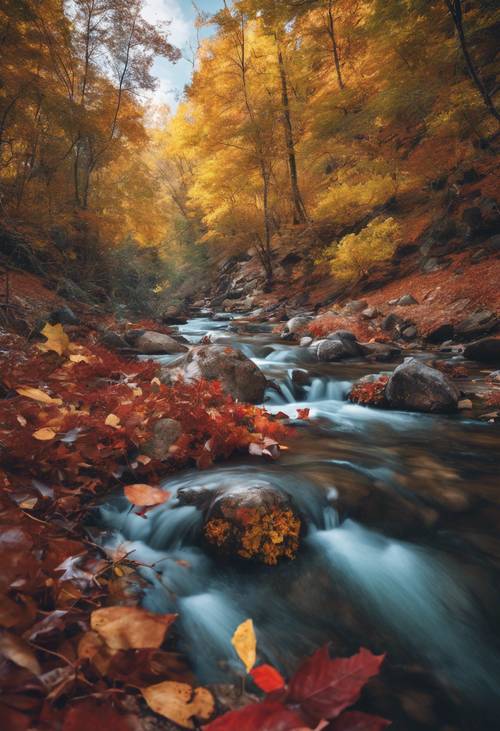 Pemandangan damai dari sungai pegunungan jernih yang mengalir melalui hutan dengan warna musim gugur yang cerah.