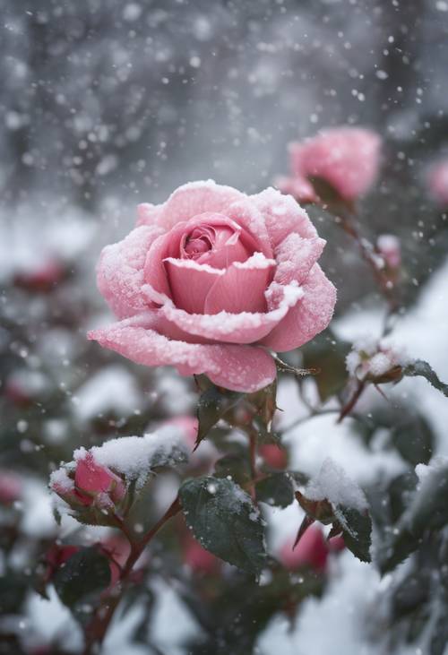 Редкий вид куста розовой розы среди заснеженного пейзажа.