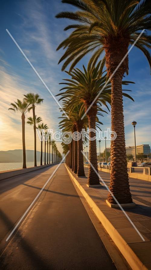 Deniz kenarında güneşli palmiye ağacı yolu