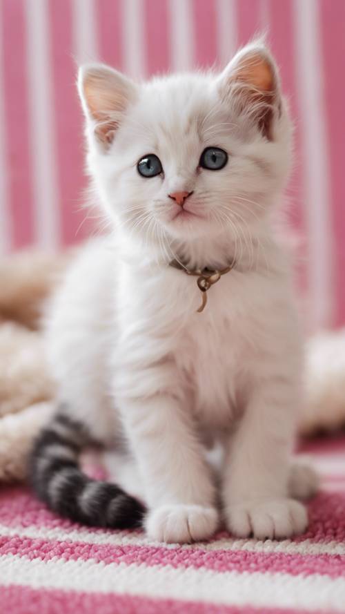 Un simpatico gattino seduto su un tappeto a strisce bianche e rosa, guardando con curiosità la telecamera.