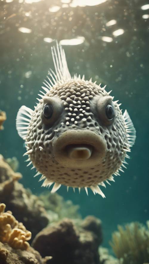 A close-up image of a pufferfish puffing itself to ward off predators.