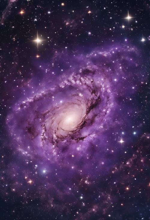 Фиолетовая галактика со звездными скоплениями, туманностями и вращающейся космической пылью, создающая сюрреалистическое ощущение астрономического чуда.