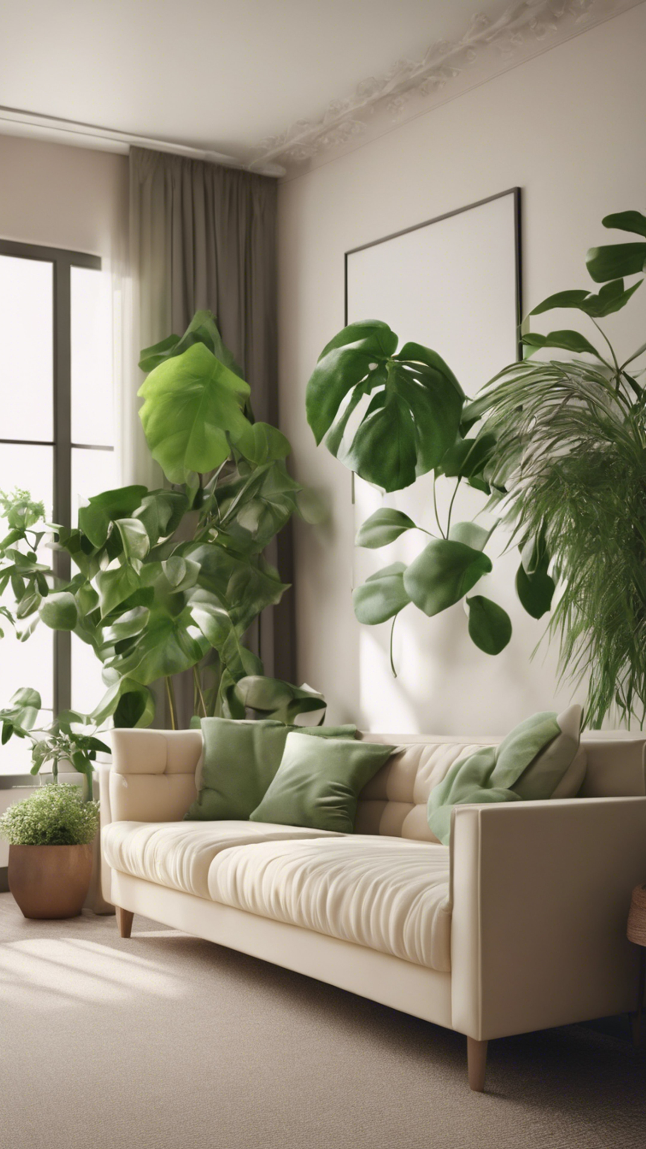 A simplistic living room featuring a cream couch contrasted with a natural green aesthetic of indoor plants 벽지[57c4f329650745189cc4]