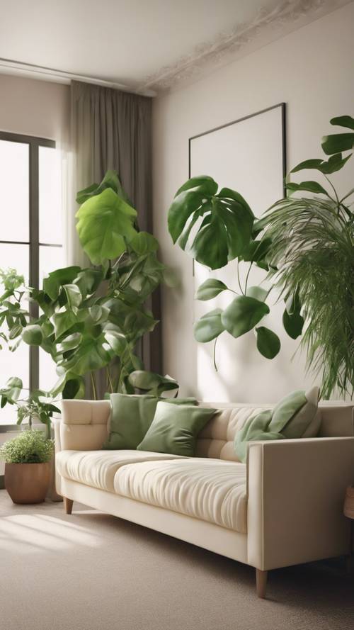 A simplistic living room featuring a cream couch contrasted with a natural green aesthetic of indoor plants