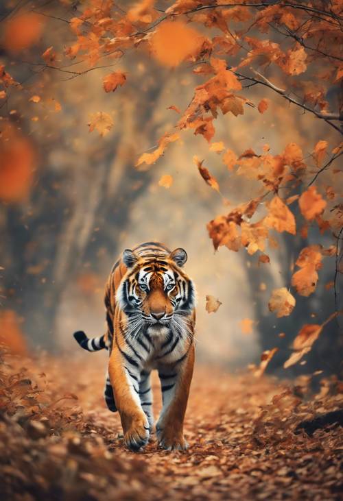 Dziki tygrys poruszający się ukradkiem, a jego pomarańczowy wzór kamuflażu miesza się z jesiennymi liśćmi.