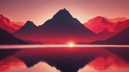 Retrato de um sol vermelho se pondo atrás de montanhas abstratas, lançando um reflexo carmesim em um lago.