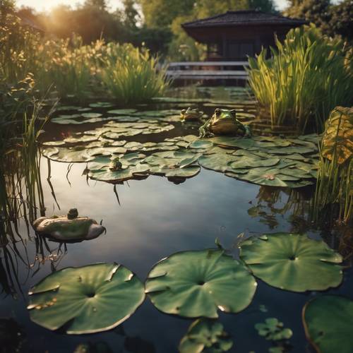 A tranquil garden pond with lily pads floating on the surface and frogs croaking in the warm summer twilight.