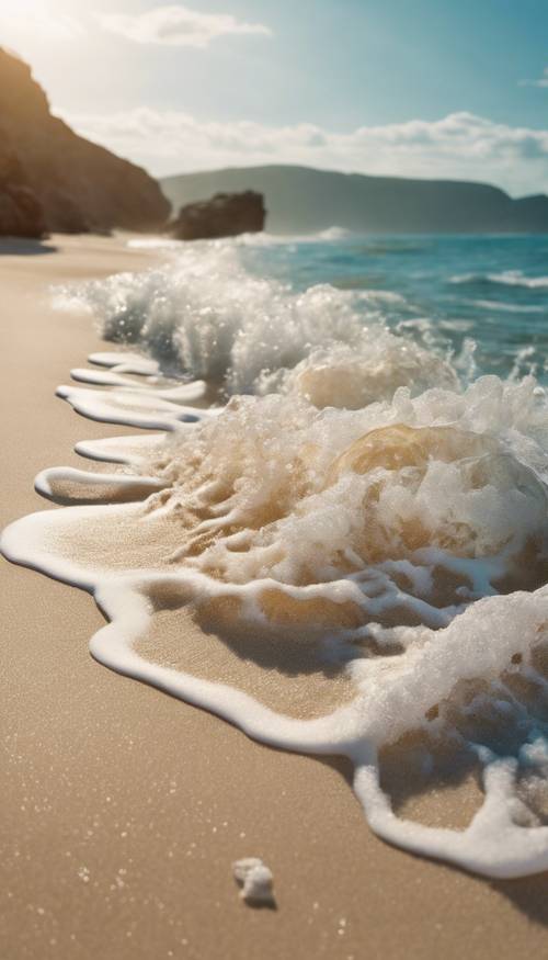 A pristine beach with light golden sand and clear blue waves crashing.