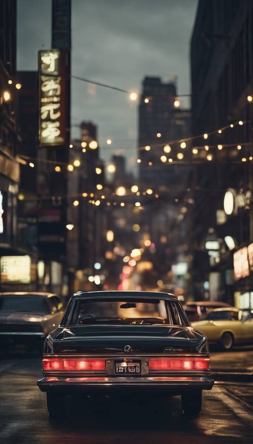 Looking out over a retro cityscape bathed in darkness as vintage cars pass by on the streets below.