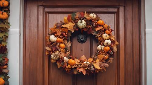 Una festiva corona otoñal hecha de coloridas hojas otoñales y calabazas en miniatura que cuelgan elegantemente de una puerta de caoba, señalando el inicio de las vacaciones de Acción de Gracias.