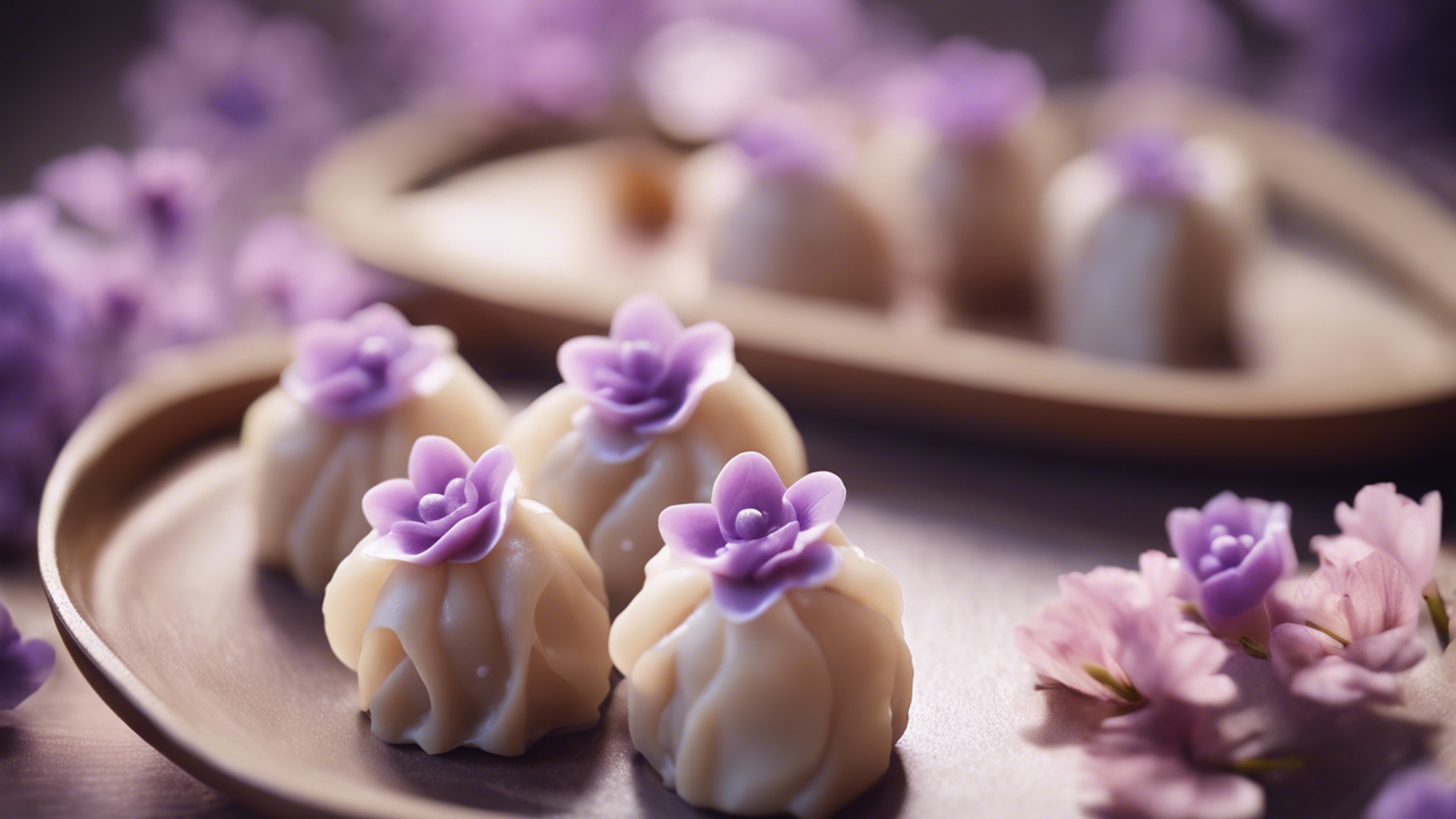 A kawaii styled dim sum dish, with delicate and light purple dumplings shaped like flowers. Wallpaper[29e111c9b013403690b4]