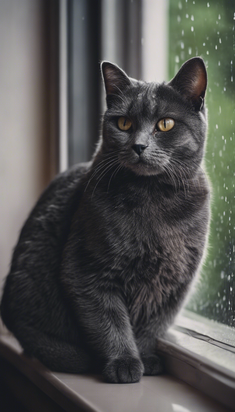A portrait of a dark gray domestic short-haired cat gazing through a window on a rainy day. Tapeta[bc790e701ed94e03ac62]