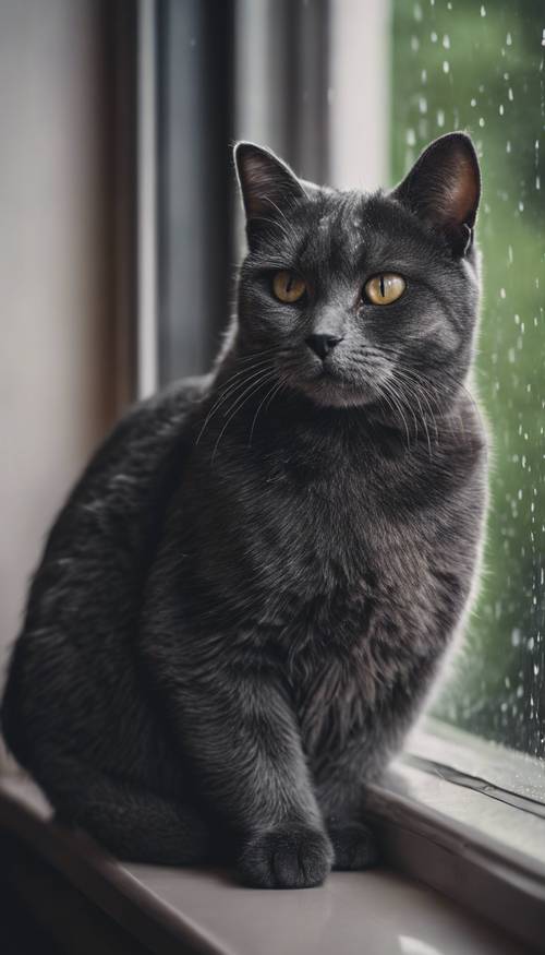 Ein Porträt einer dunkelgrauen Hauskatze mit kurzem Haar, die an einem regnerischen Tag durch ein Fenster blickt.