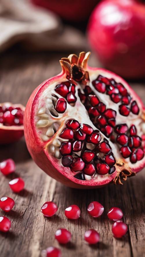 A close-up of a beautiful pomegranate with vibrant red seeds on a wooden table.