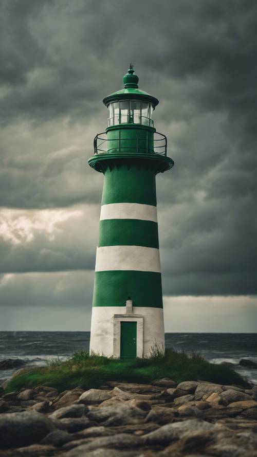 A lone, green-striped lighthouse standing tall against a stormy backdrop.