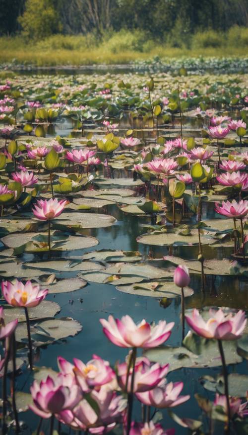 A vibrant marsh in spring, filled with blooming water lilies.
