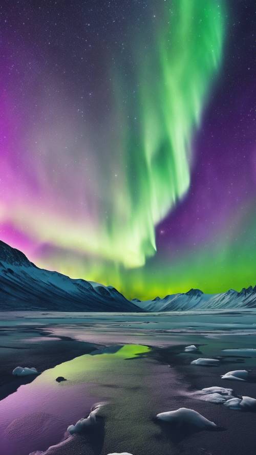 Uma vívida aurora roxa no céu escuro do Ártico.