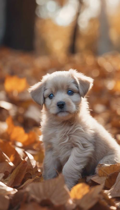 Một chú chó nhỏ mắt xanh đang ngồi đáng yêu trên đống lá mùa thu.