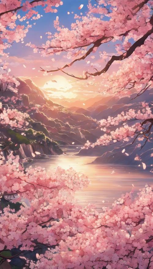 Um close de uma flor de cerejeira sakura, desenhada no estilo anime, em plena floração com pétalas caindo suavemente em um suave brilho do pôr do sol.