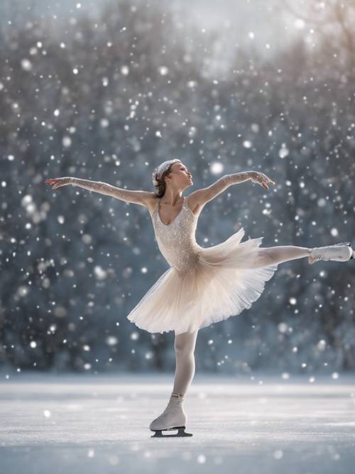 A graceful white ice skater performing a pirouette on a frozen lake as snowflakes fall.