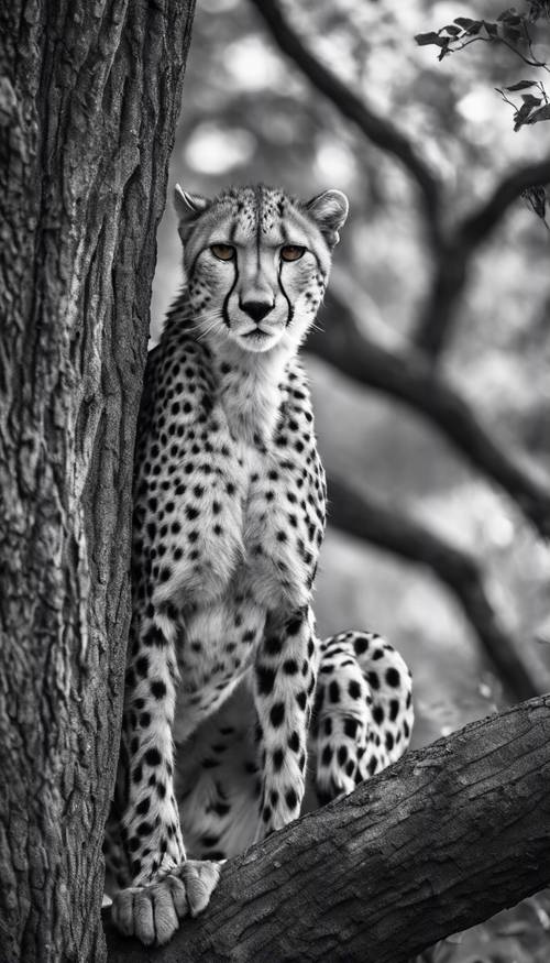 A black and white image featuring a cheetah climbing down a large tree with piercing determination reflected in its eyes.