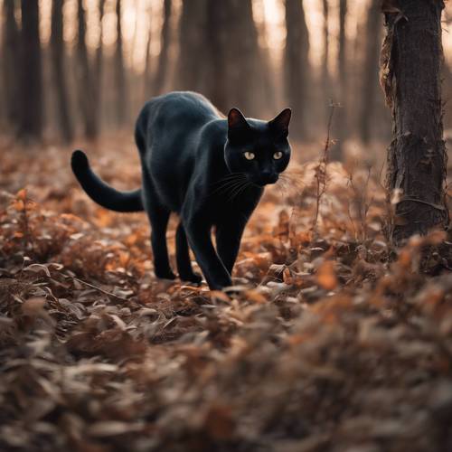 Um gato preto esguio rondando a floresta ao entardecer.